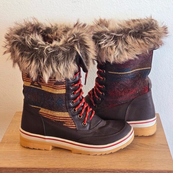 WINTER BOOTS FAUX FUR AND LEATHER SHOES NEUTRAL PRINT HIKERS - Picture 1 of 4